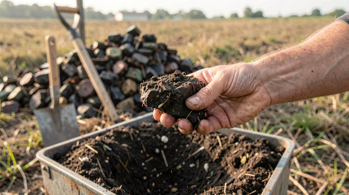 Eine Hand hält eine dunkle, krümelige Probe Kompost über einer offenen Miete auf einem Feld, im Hintergrund ein Komposthaufen und ein Spaten, weiches Morgenlicht von der Seite, Nahaufnahme auf Hand und Boden.
