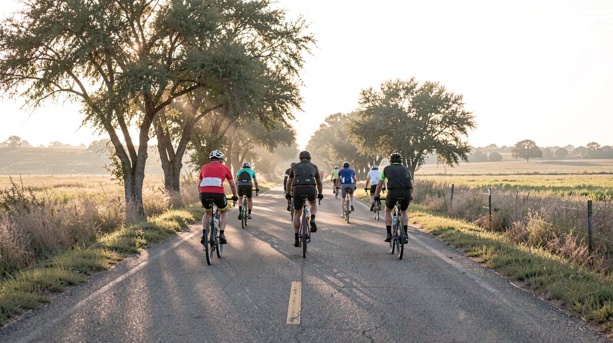 Eine Gruppe von Radfahrern auf einer schmalen Landstraße in Nordtexas am frühen Morgen, flaches Weideland und Mesquite-Bäume am Straßenrand, warmes Gegenlicht, weite Totale von hinten.