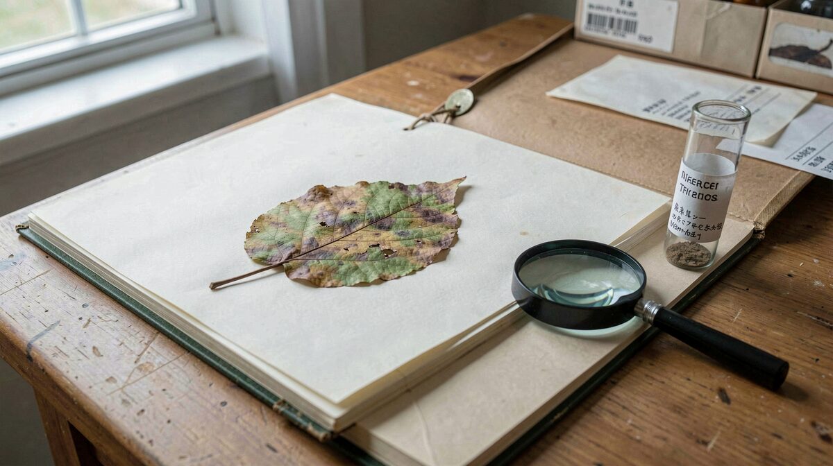Ein aufgeschlagener Herbarbogen mit gepresstem befallenem Blatt auf einem Tisch in einem Sammlungsraum, daneben eine Lupe und eine beschriftete Probenkapsel, kühles Tageslicht von links, Nahaufnahme in leichter Aufsicht.
