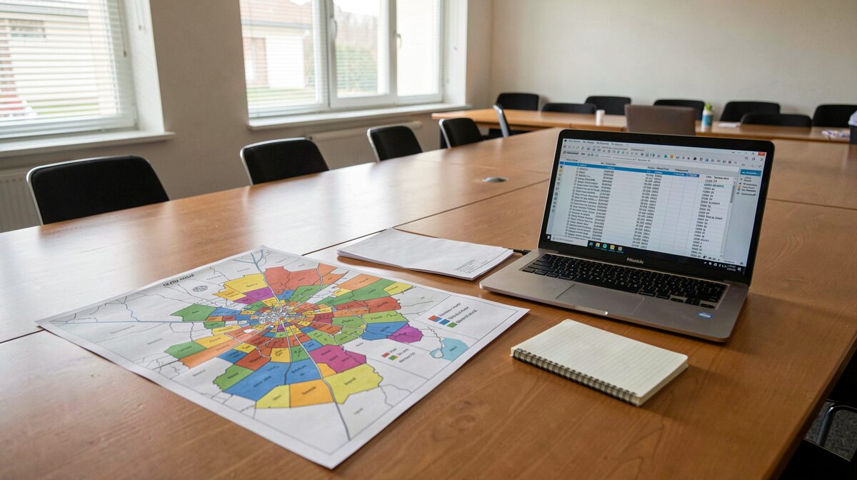 Ein großer Tisch in einem hellen Besprechungsraum einer Kommunalverwaltung, darauf eine gedruckte Stadtkarte mit farbig markierten Quartieren, daneben ein Laptop mit Tabellen und ein Notizblock, Tageslicht von links durch eine Jalousie, leichte Aufsicht von schräg oben.